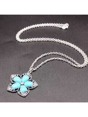 925 Silver Necklace W/ Turquoise Flower White CZ Statement Boho Woman's Gift